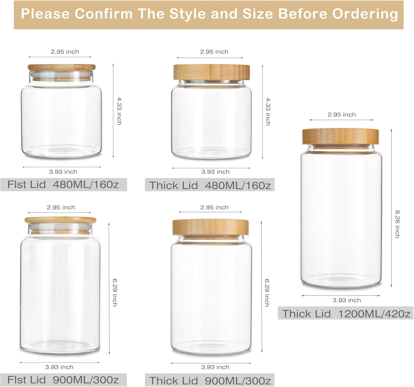 1200ML/42Oz Clear Cute Glass Storage Canister Holder with Airtight Bamboo Lid, Modern Decorative Large Container Jar for Coffee, Spice, Candy, Salt, Cookie, Condiment, Pepper, Sugar