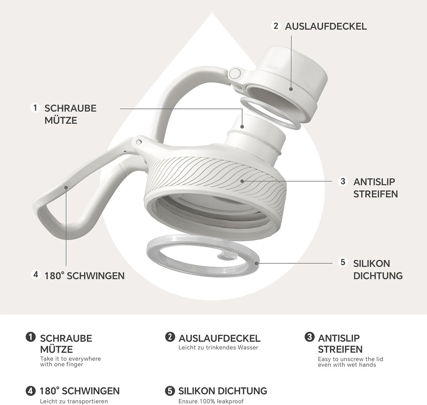 IDEUS Insulated Stainless Steel Water Bottle with 2 Leak-Proof Lids, Thermal Water Flask for Hiking Biking, 40oz, White