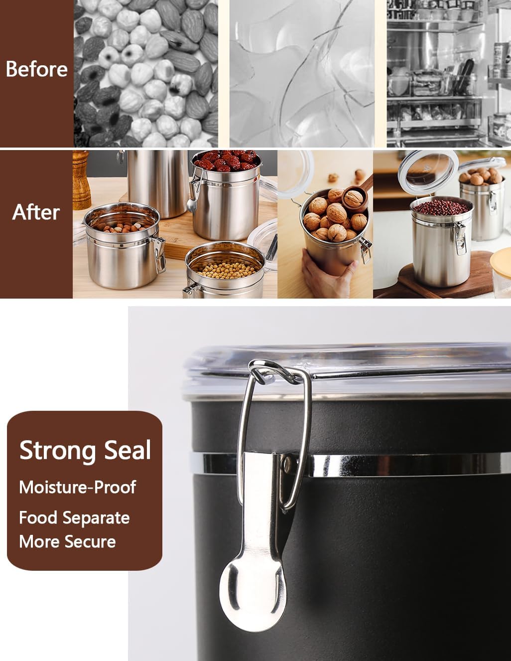 Stainless Steel Food Container with Clear Lids Airtight Storage Container Stackable Small Canisters Kitchen Pantry Storage for Cereal, Snacks, Candy, Herbs, Spices, Sugar, Tea (Black)