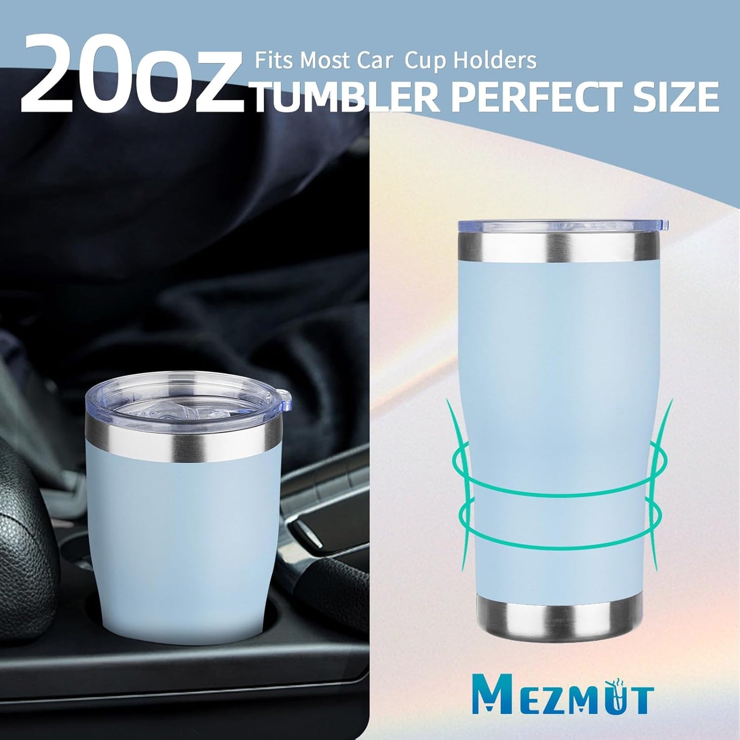 MEZMUT 1 Pack 20oz Insulated Coffee Tumbler with Lid and Straw Double Wall Vacuum Insulated Cup Stainless Steel Travel Mugs Leakproof Powder Coated Tumbler for Indoor Outdoor(Sky Blue)