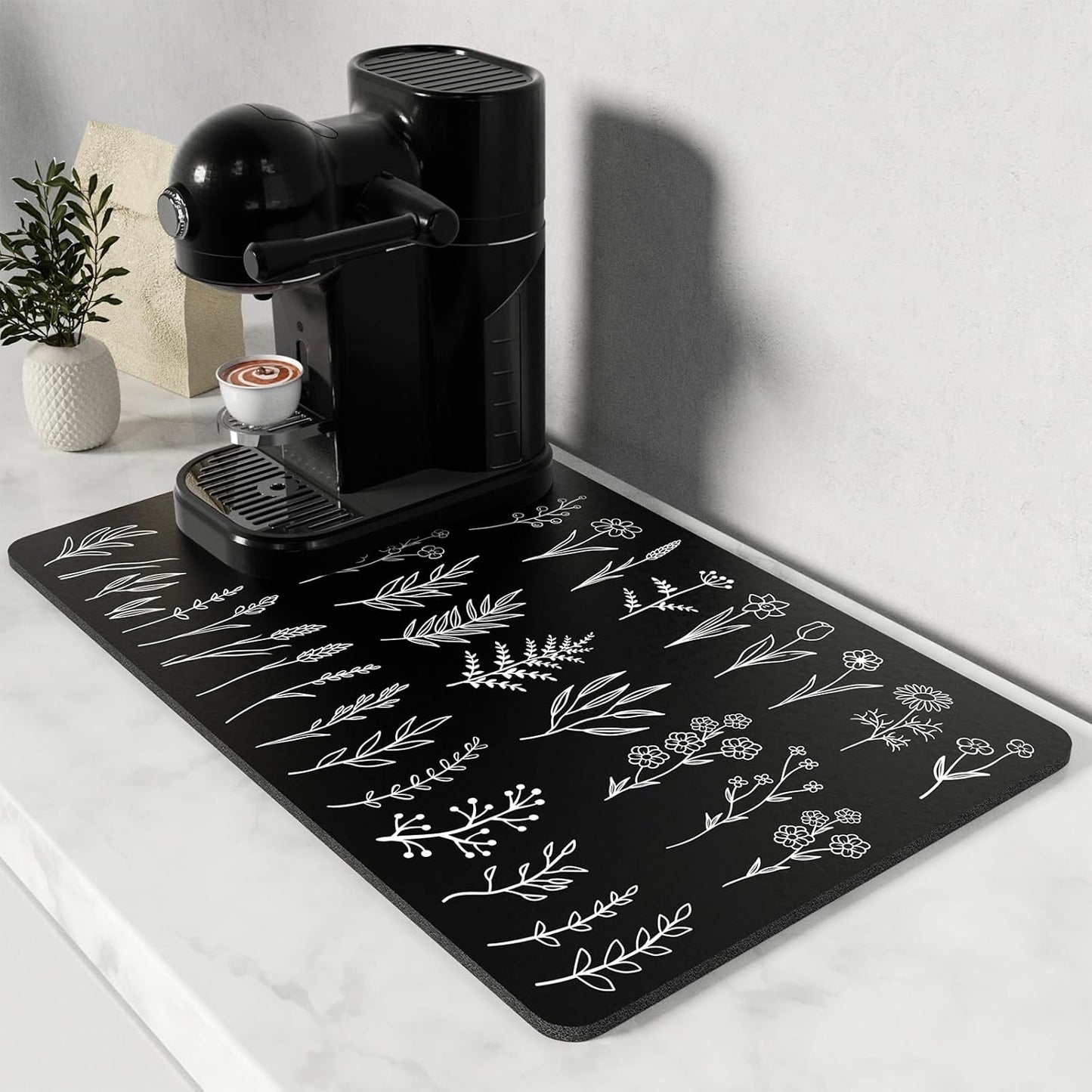 Rnivvi Coffee Mat, 12" x 19" Cute Coffee Bar Mats for Espresso Machine Station Accessories and Organizer, Hide Stain Rubber Backed Absorbent Dish Drying Pad for Kitchen Counter, Black White Leaves