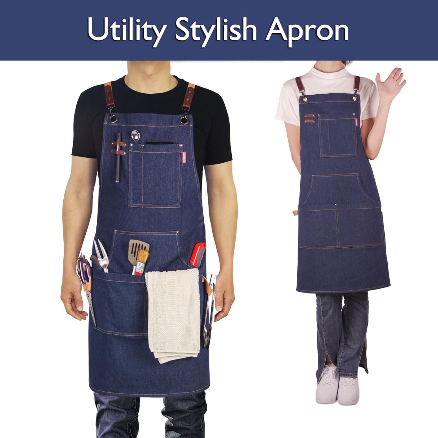 10 Pack Kitchen Aprons, Work Apron, Canvas, Multiple Pockets, Gardening, Painting, BBQ, Artist, Carpenter, Sizes M to XXL, Denim