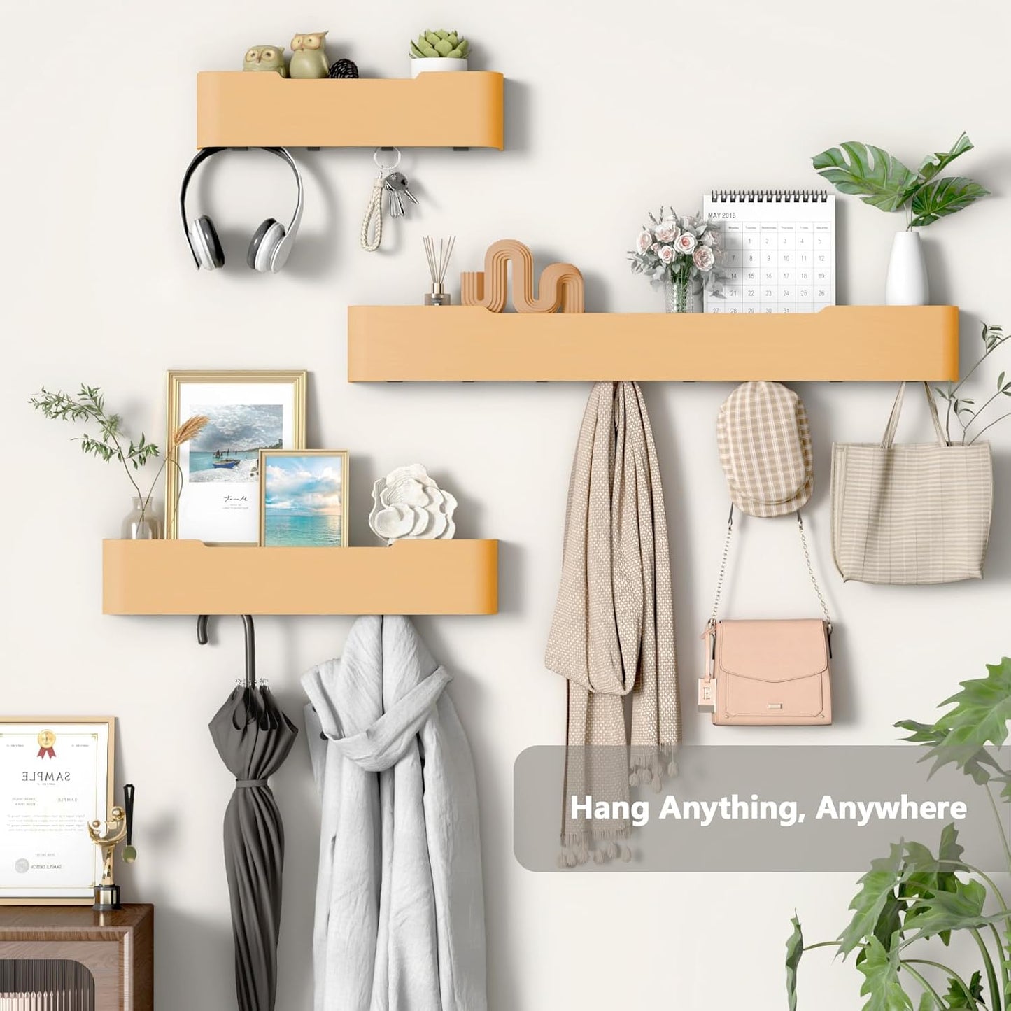 Coat Rack Wall Mount Entryway Organizer Modern Key Holder Wall Mount with Wooden Shelf Entryway Hooks for Bedroom Kitchen Hallway Bathroom for Hanging Coats Hats Bags Towels