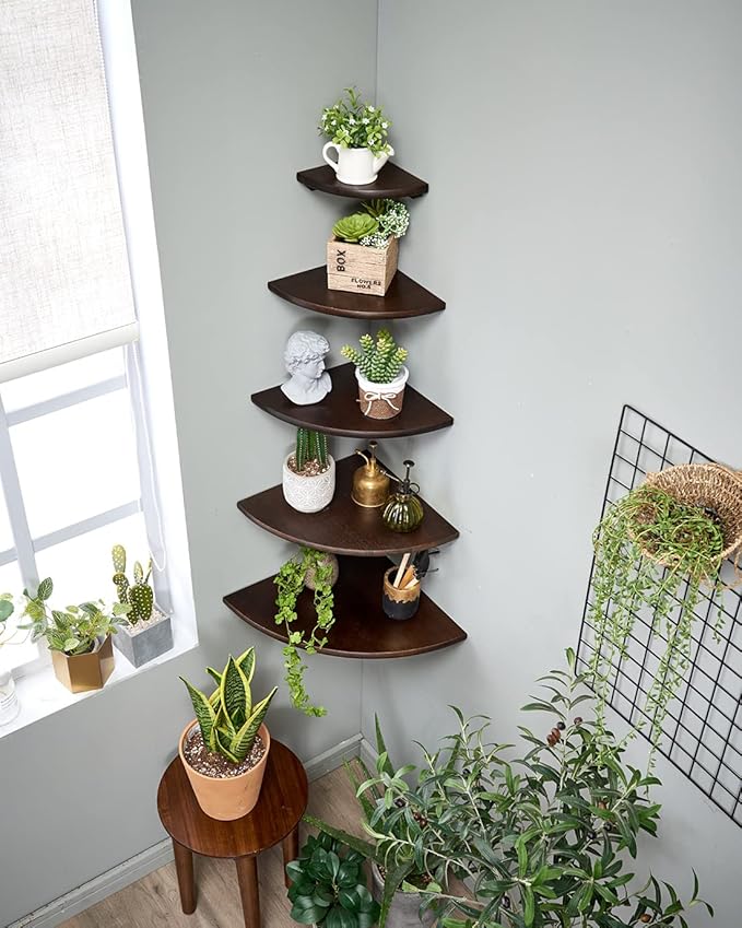 Corner Shelf, 16inch Walnut Solid Wood Floating Corner Shelves Wall Mount Round - Image 2