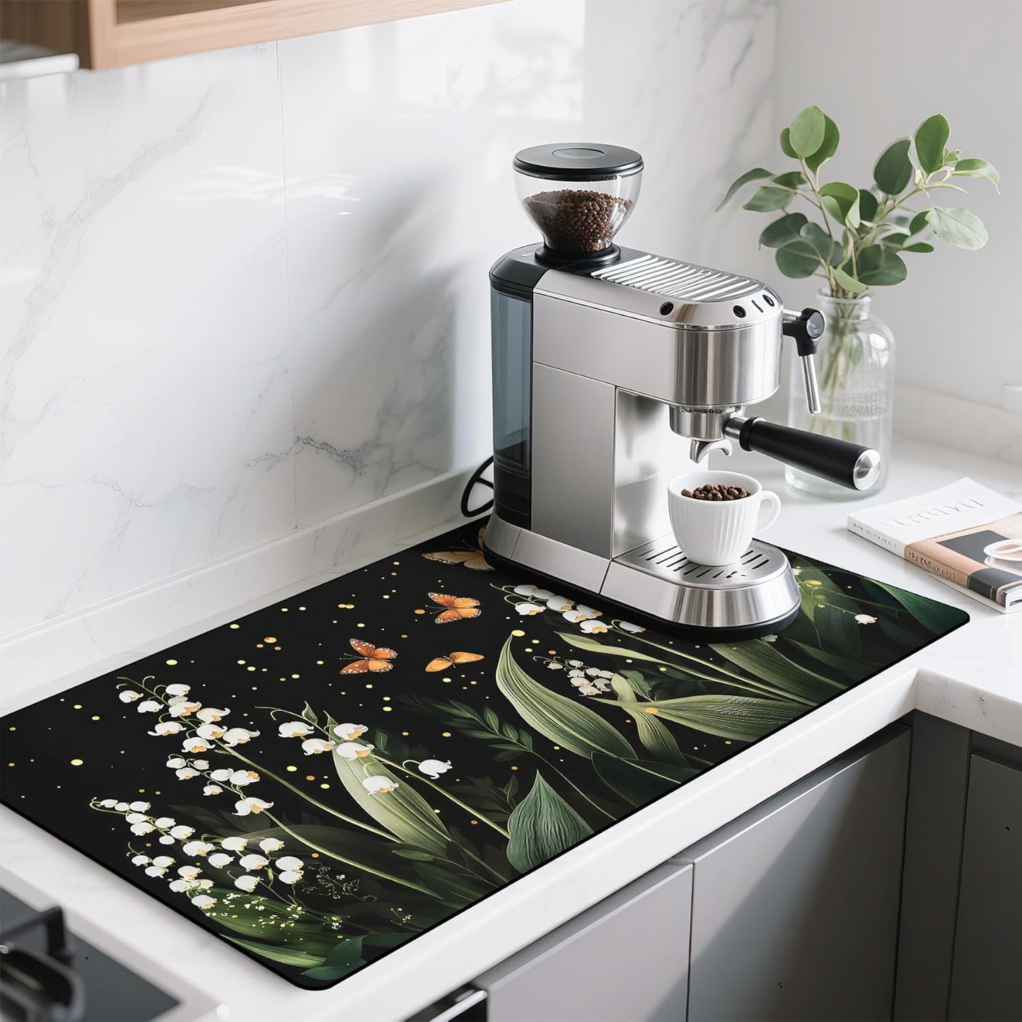 17"x 32" Coffee Bar Mat, White Campanula Absorbent Dish Drying Mat Cuttable Hide Stain Draining Table Pad for Kitchen Counter, Coffee Bar Accessories