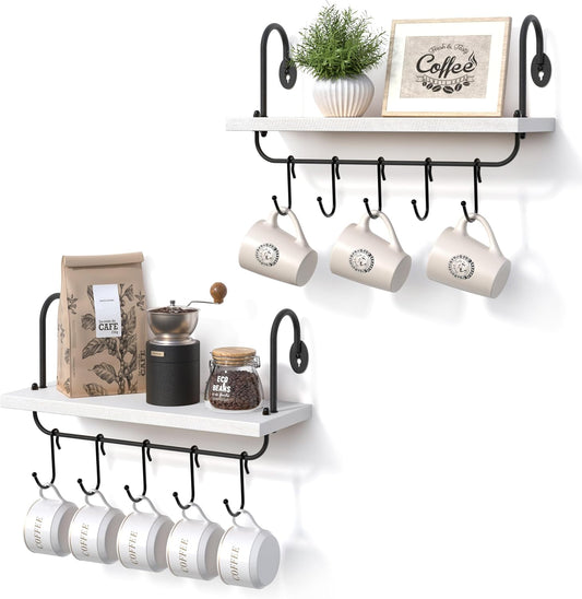 Olakee Floating Wall Shelves for Kitchen Bathroom Coffee Nook with 10 Adjustable Hooks for Mugs Cooking Utensils or Towel Rustic Storage Shelves Set of 2/17x5.9 inch (White)