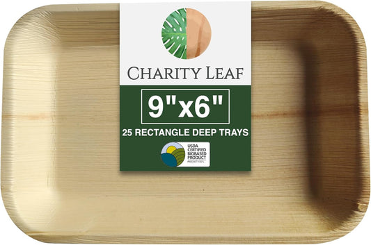 Charity Leaf Eco-Friendly Palm Leaf Trays - 9"x6" (25-Pack) | Elegant Bamboo-Inspired Platters | Premium Quality, Biodegradable | Perfect for Weddings, Catering, Events | Disposable Yet Chic