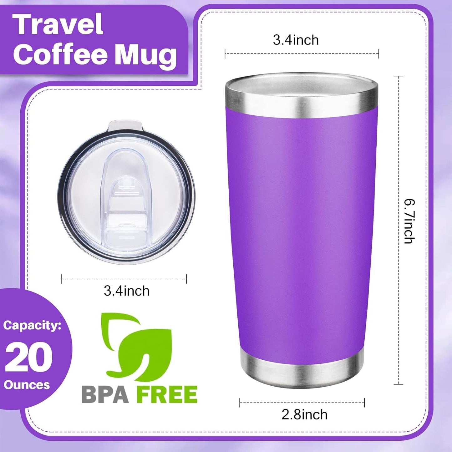 20oz Tumbler with Lid Double Wall Vacuum Insulated Travel Coffee Mug Stainless Steel Thermal Cup Powder Coated Sturdy Coffee Tumbler Bulk for Hot and Cold Beverages(Purple-Blue-Lavender-Yellow,4)