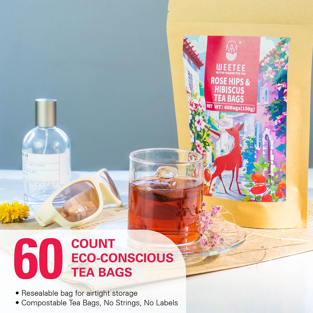 WT WEETEE Rosehips Hibiscus Tea Bags, Made with Rosehip & Hibiscus Flowers, Natural Caffeine-free Herbal Tea 2.5g x 60 Counts
