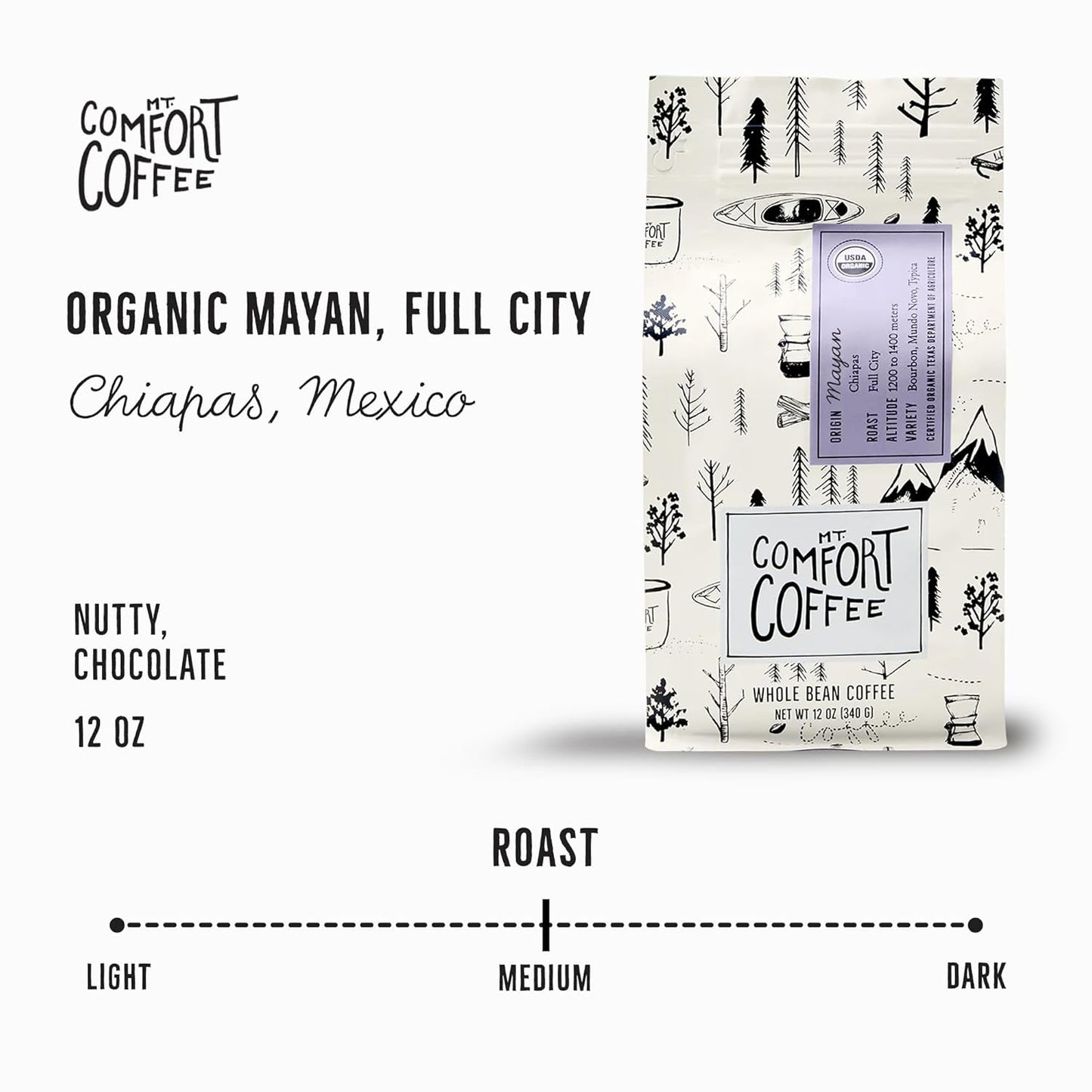 Mt. Comfort Coffee Organic Mayan Whole Bean Coffee, 12oz – Full City Roast with Nutty & Chocolate Notes – Sustainably Sourced from Small Mexican Farms