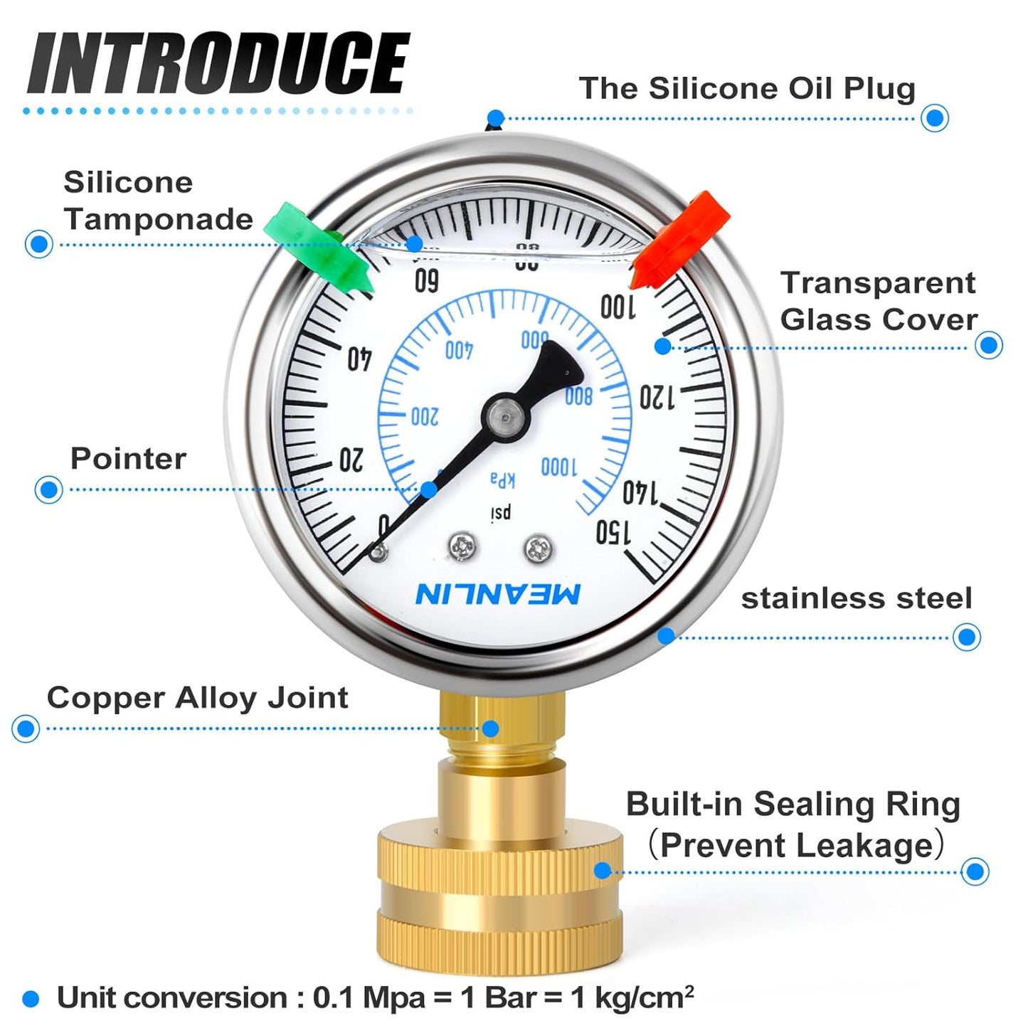 MEANLIN MEASURE 0~150Psi Stainless Steel Frame 3/4" Female 2.5" FACE DIAL Liquid Filled Pressure Gauge WOG Water Oil Air Water Pressure Test Table with Sealing Ring (with 2PCS Snaps)