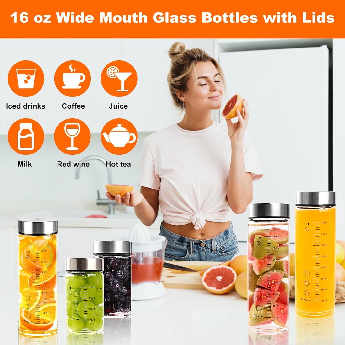 Glass Juice Bottles 6 Pack 20 oz - Wide Mouth Glass Water Bottles with Lids - for Juicing, Protein, Smoothie, Milk, Reusable, BPA Free, Stainless Steel Lids, Blender, Shaker Bottle (20oz/600ml)