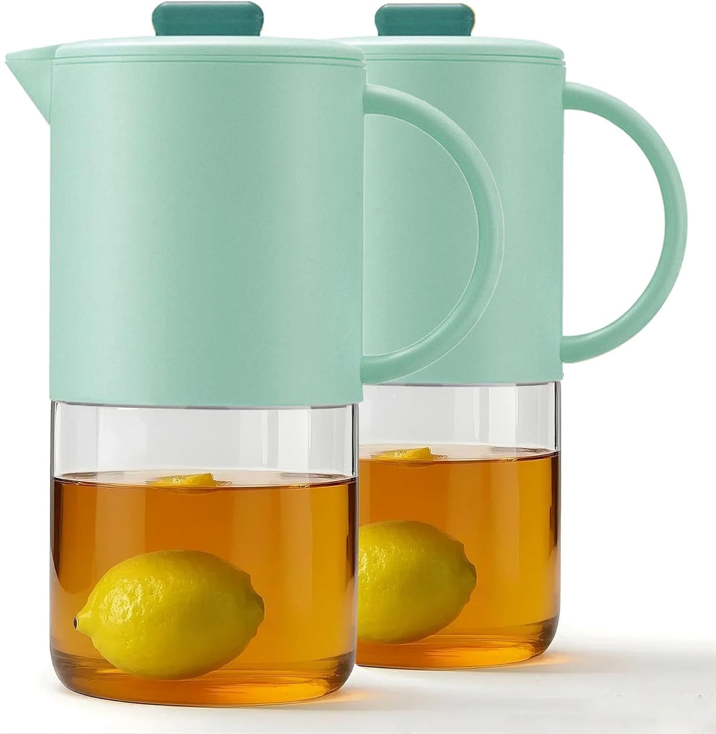 Delove Borosilicate Glass Pitcher with Lid & Auto Spout – Shatterproof Plastic Shell, Wide Mouth Design – 62 oz (1.9 Quart) Jug for Boiling Water, Iced Tea, Juice & Cold Brew Coffee (2, Light blue)