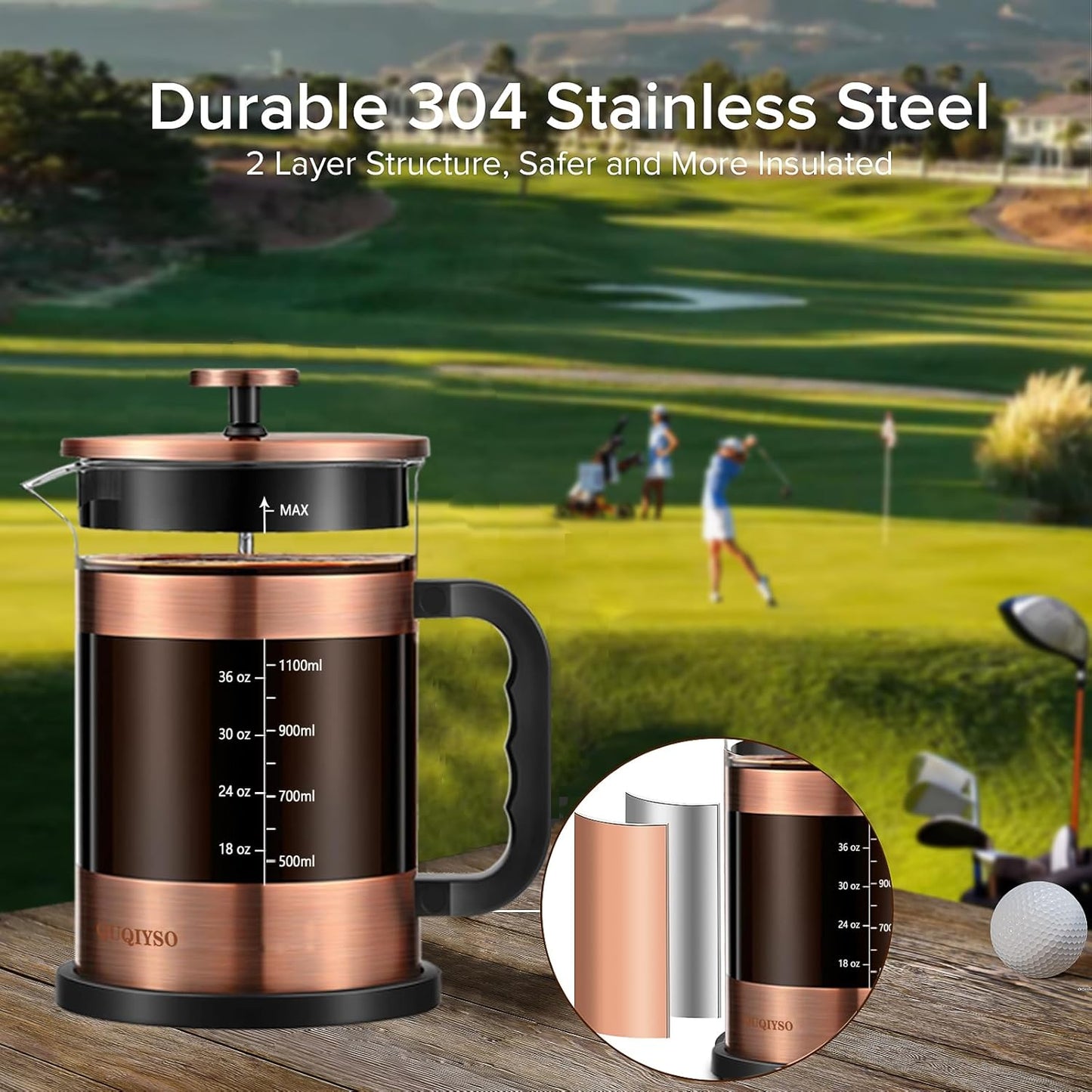 QUQIYSO French Press Coffee Maker 51oz 304 Stainless Steel French Press with 4 Filter, Heat Resistant Durable, Easy to Clean, Borosilicate Glass Coffee Press, Copper