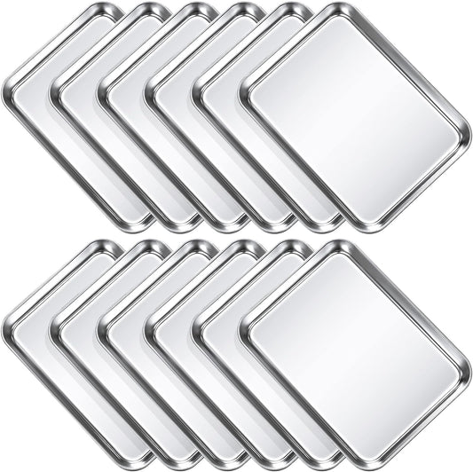12 Pcs Baking Sheet Pan Set 9 x 6.7 x 1 Inches Cookie Sheet Small Toaster Oven Pans Stainless Steel Tray Barbecue Grill Pan Rectangle Trays Oven, Non-stick, Easy Clean