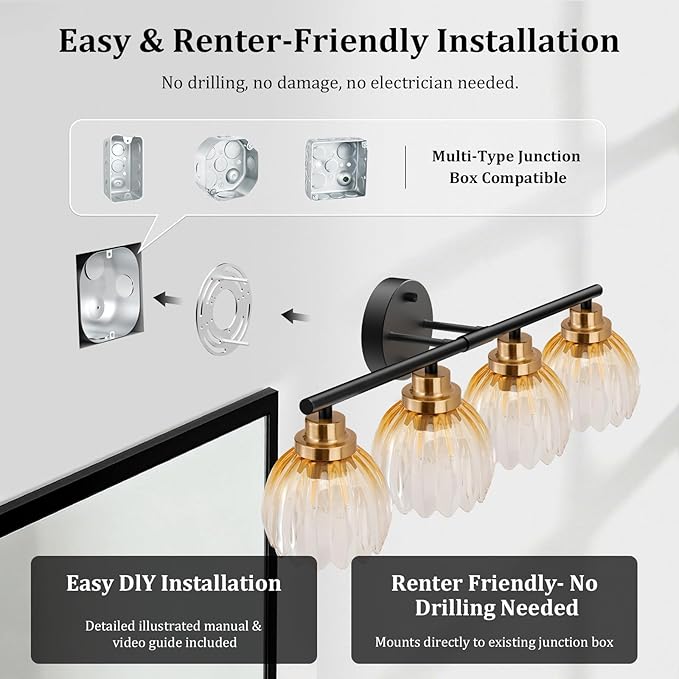 TALOYA Bathroom Vanity Light Fixtures, 4-Light Black and Gold Wall Lights - Image 5