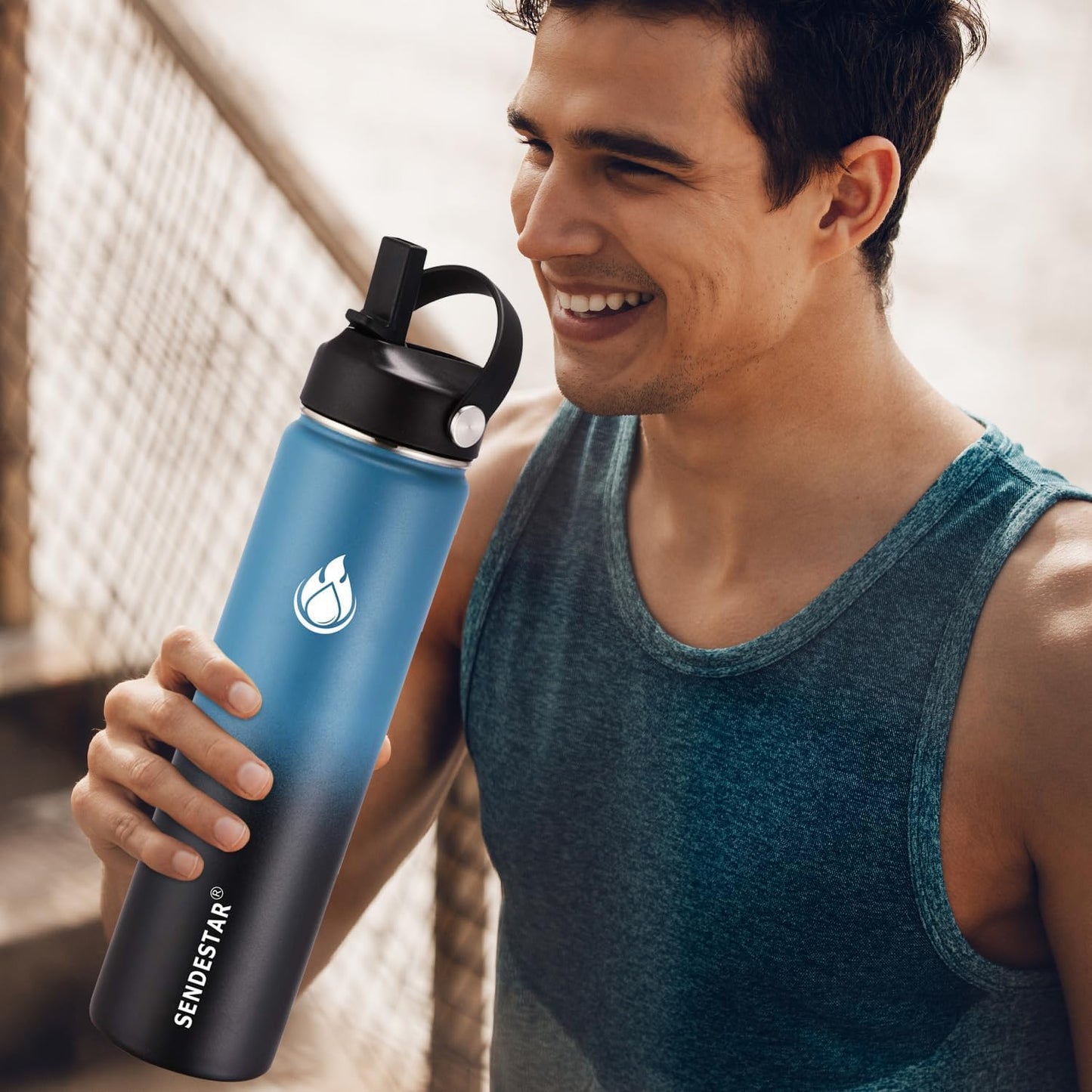 SENDESTAR Water Bottle 24oz Double Wall Vacuum Insulated Leak Proof Stainless Steel Sports Water Bottle—Wide Mouth with New Flex Straw Lid & Spout Lid (Deep Blue&Black)