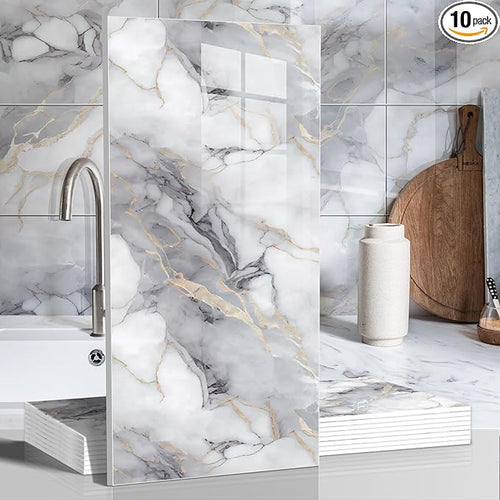 10pcs Thick Marble Peel and Stick Waterproof Wall Panels, Heat-Resistant by Chejiaye