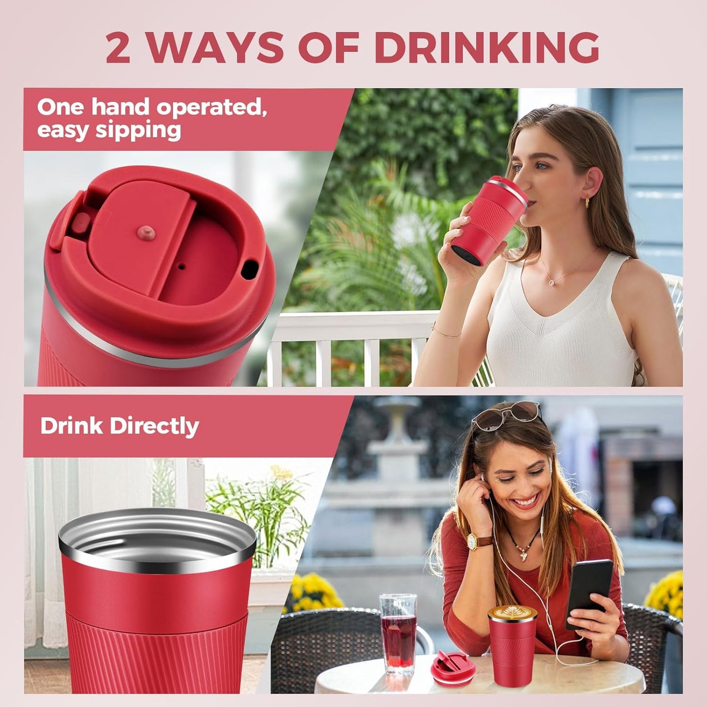 Volhoply 13 oz Stainless Steel Insulated Travel Coffee Mug with Fip Lid Bulk 2 Pack,Reusable Double Wall Vacuum Metal Coffee Cup,Portable Leak Proof Thermal Tumbler for Hot & Cold Drinks(Red,2)