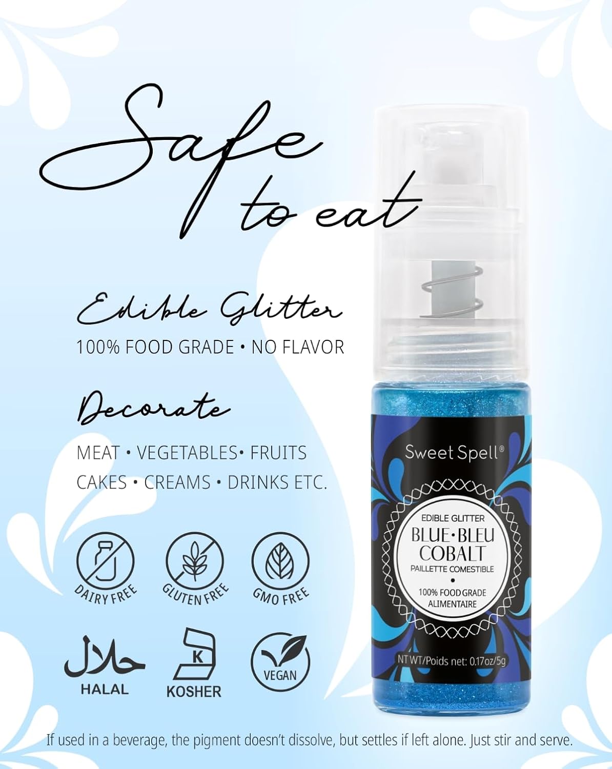 Sweet Spell Edible Cake Glitter Spray – Shimmering Magic for Cakes Decorating & Cocktails – 100% Edible, Food-Grade, Vegan, Gluten-Free (Blue)
