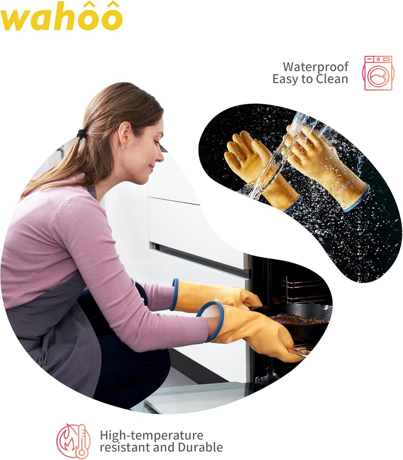 wahoo Professional Liquid Silicone Oven Mitts Gloves, Heat Resistant Gloves for Cooking, Baking, CoralAir Liner, 12 Inch, Yellow, Medium