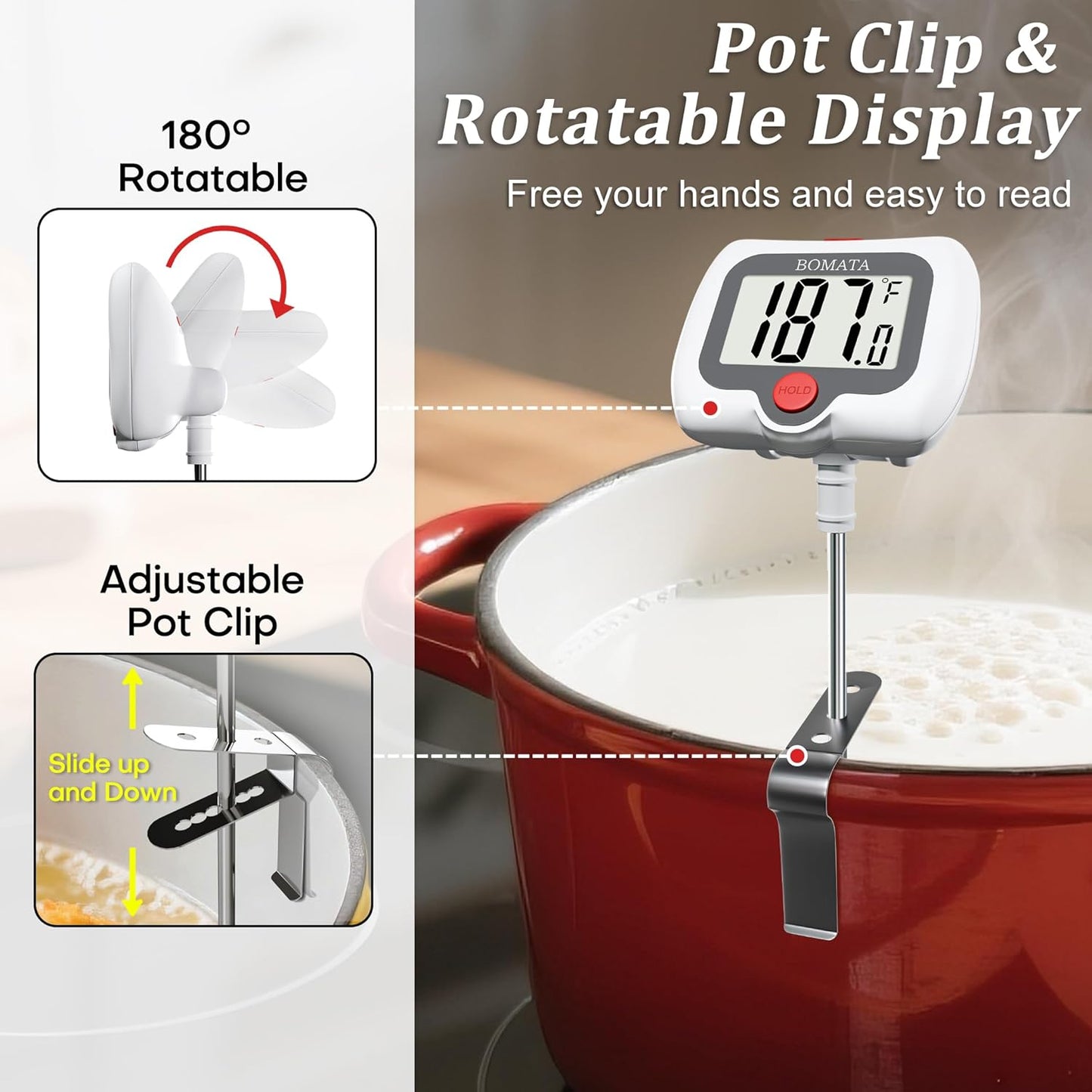 BOMATA Digital Candy Thermometer with Pot Clip, Deep Fry Oil Thermometer with Rotatable Display & Long Probe, for Candy Candle Making, Cooking, Food, Liquids, Water, Sugar.. White