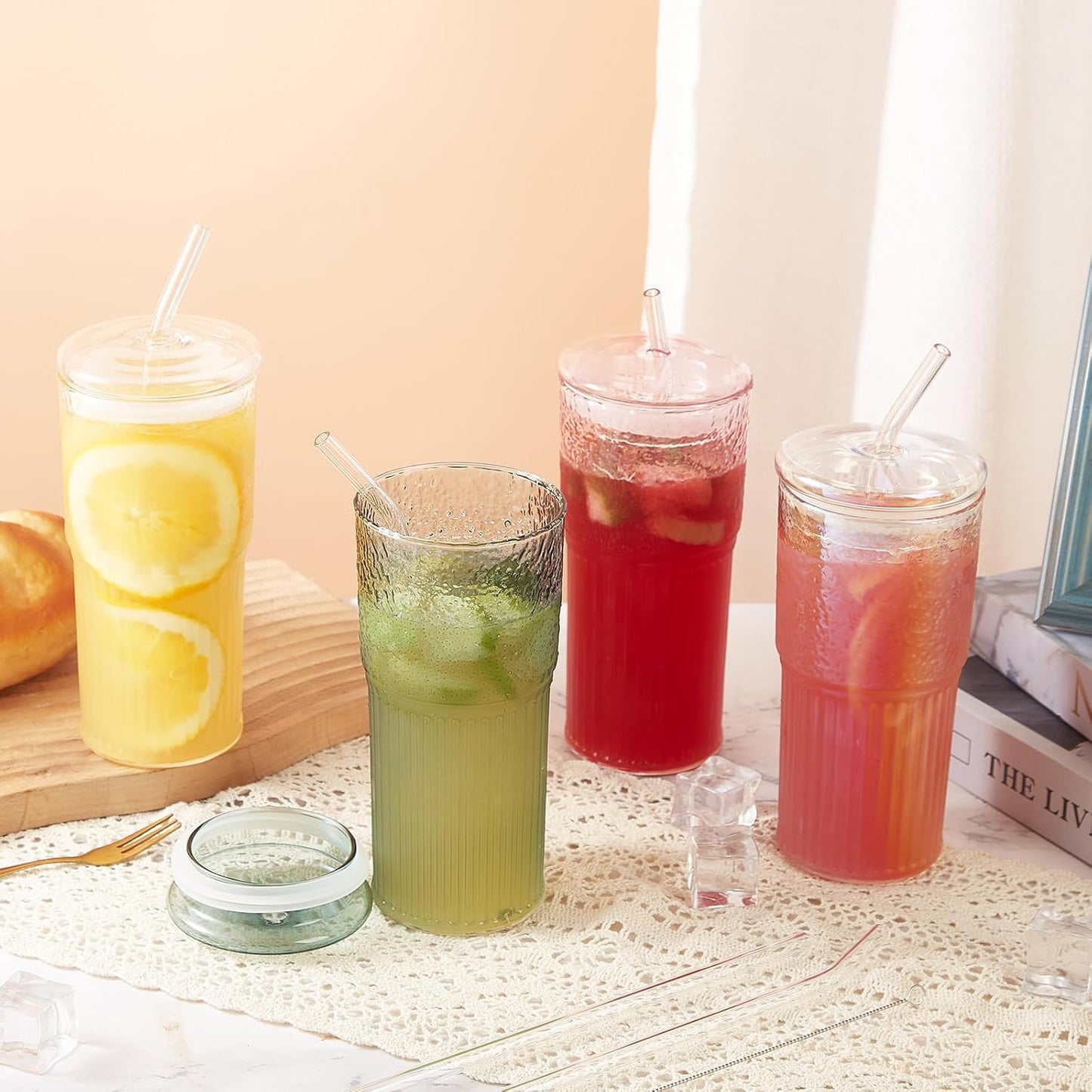 GOSCHE Glass Coffee Cups with Lids and Straws, 20oz Drinking Jar Glass Tumbler for Iced Coffee, Vintage Ripple Glassware Smoothie Cups, Pink, 2Pcs