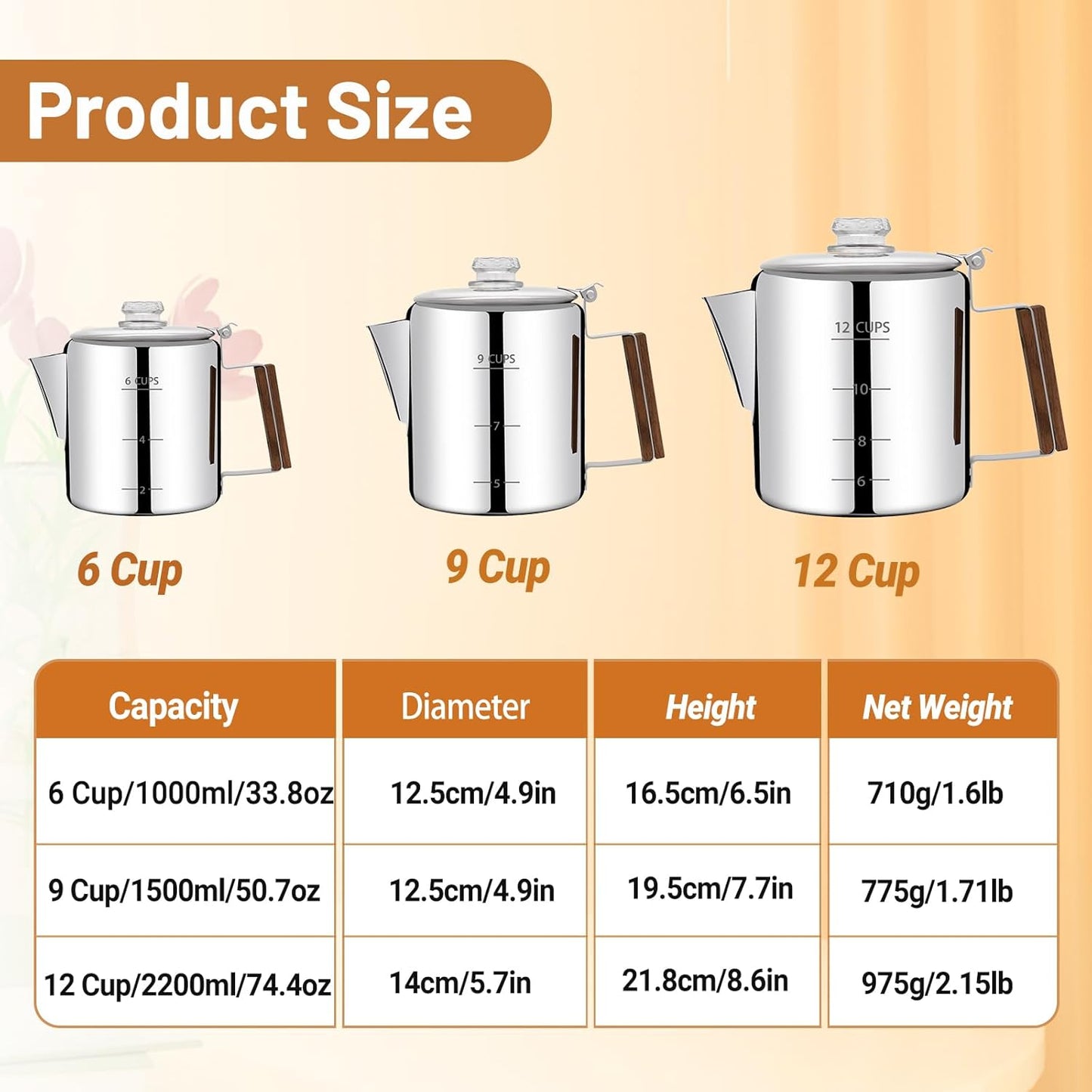 No Coating 12 Cup Percolator Coffee Pot 304 Stainless Steel Moka Pot Stovetop Espresso Maker Italian Greca Cuban Machine 2200ml 74.4oz Suitable for Gas Induction Stovetop Camping Kettle
