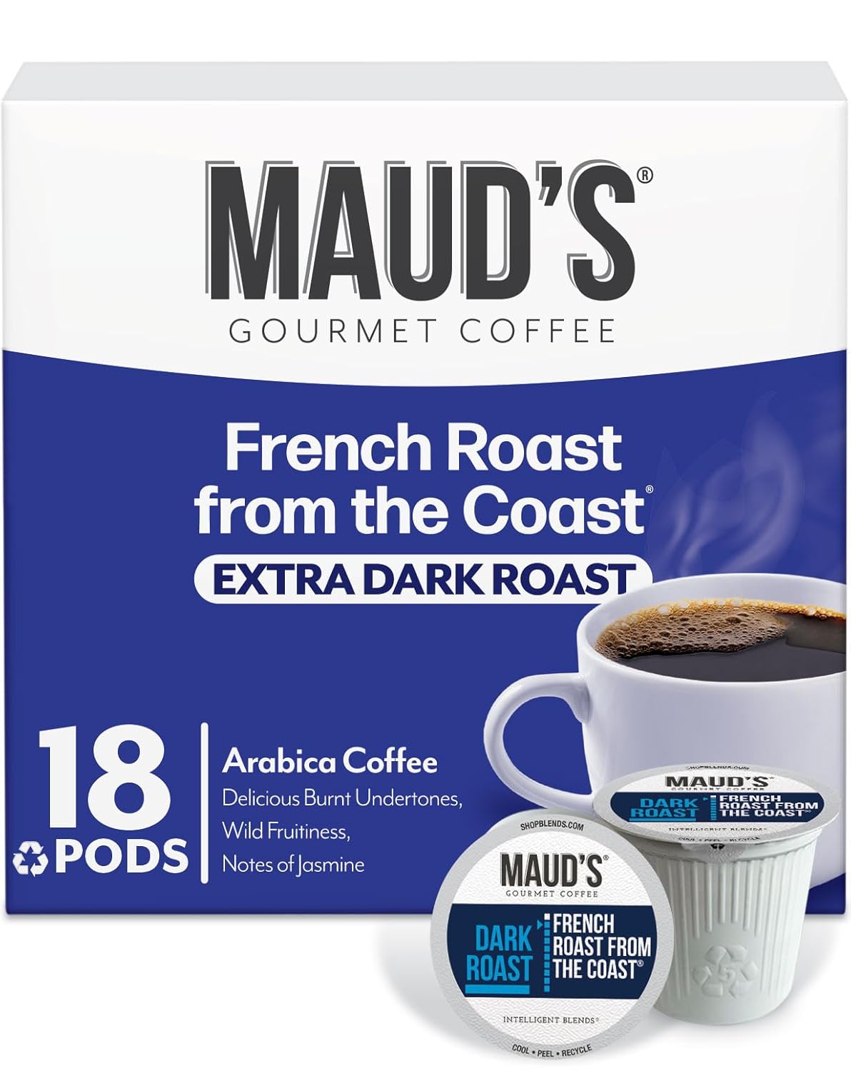 Maud's French Roast Coffee Pods 18 ct, Dark Roast Coffee in Recyclable Single Serve Pods – 100% Arabica Coffee, Compatible with Keurig K Cups Maker