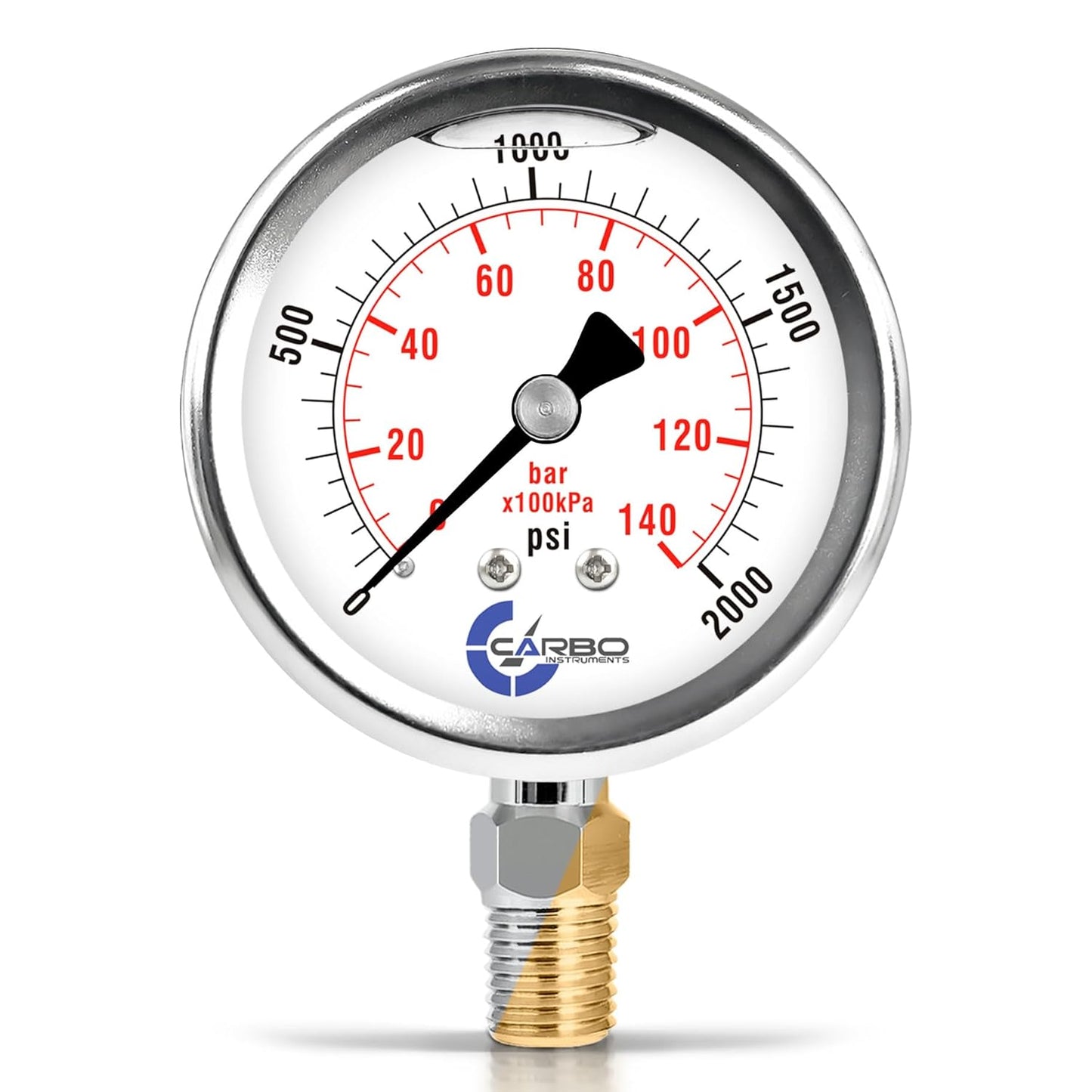 Stainless Steel Pressure Gauge Dual Display (0-2000 psi/kPa) - 2 1-2" Glycerine Liquid Filled Water Air Oil Gas Gauge with Polycarbonate Lens & Brass Connection -1/4" NPT Lower Mount
