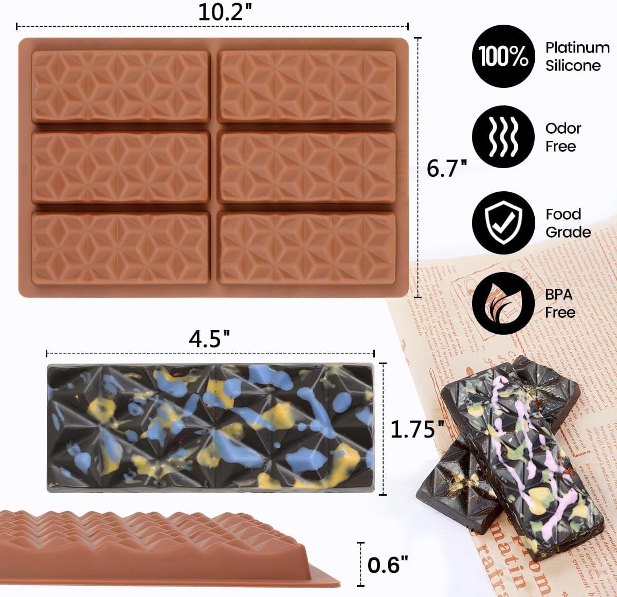 Chocolate Bar Molds Deep Silicone Break-Apart Chocolate Nonstick Protein and Energy Thick Candy Bar Mold Wax Melt Mold 1 Pack Pyramid Shape