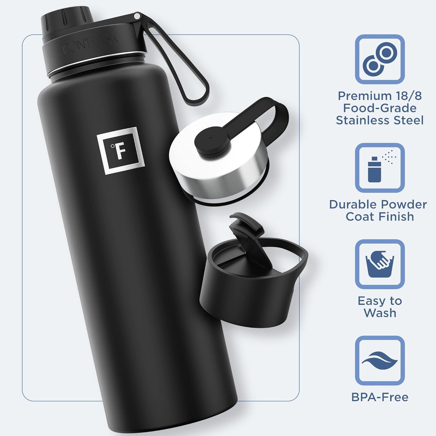 IRON °FLASK Camping & Hiking Hydration Flask with 3 Lids - Stainless Steel, Double Walled & Vacuum Insulated Water Bottle - Leak Proof & BPA Free (Midnight Black, Spout - 40 oz)