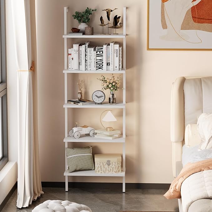aboxoo Ladder Shelf White Wooden Bookshelf 5-Tier Wall-Mounted Open Wood Rack - Image 2