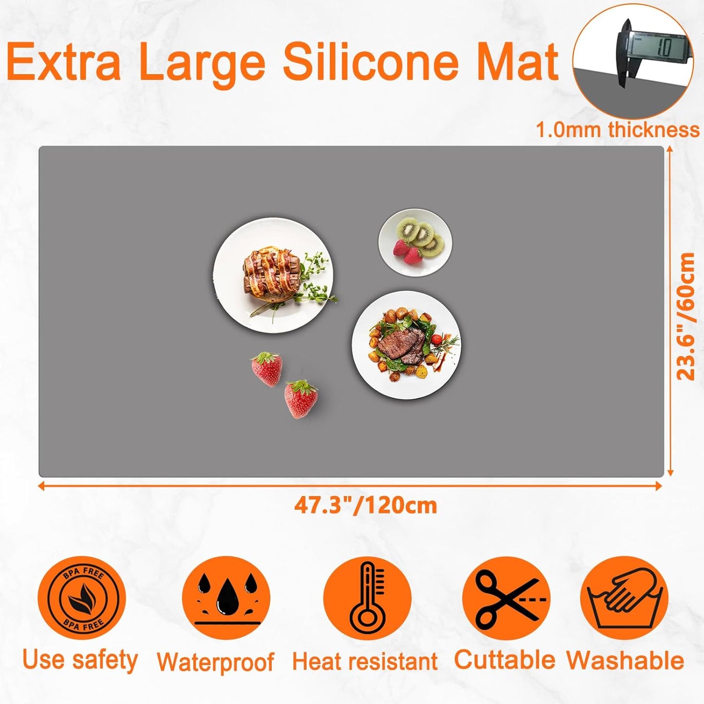47.3''x23.6''(120cmx60cm) Extra Large Silicone Mat for Kitchen Counter, Heat Resistant Countertop Protector, Non-Slip Waterproof Kitchen Island Mat, Easy to Clean, Dark Gray