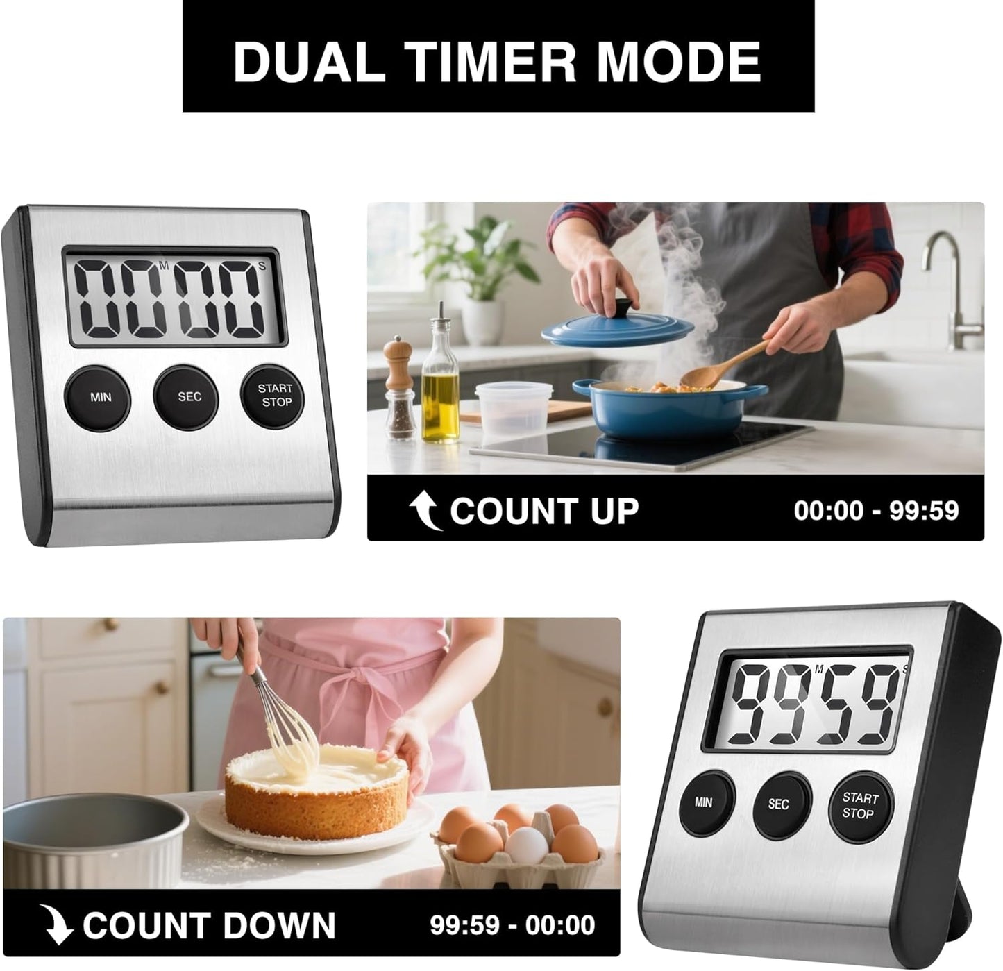 Digital Kitchen Timers for Cooking Strong Magnetic Stainless Steel Countdown Timer for Baking Exercise Office Classroom-1PACK