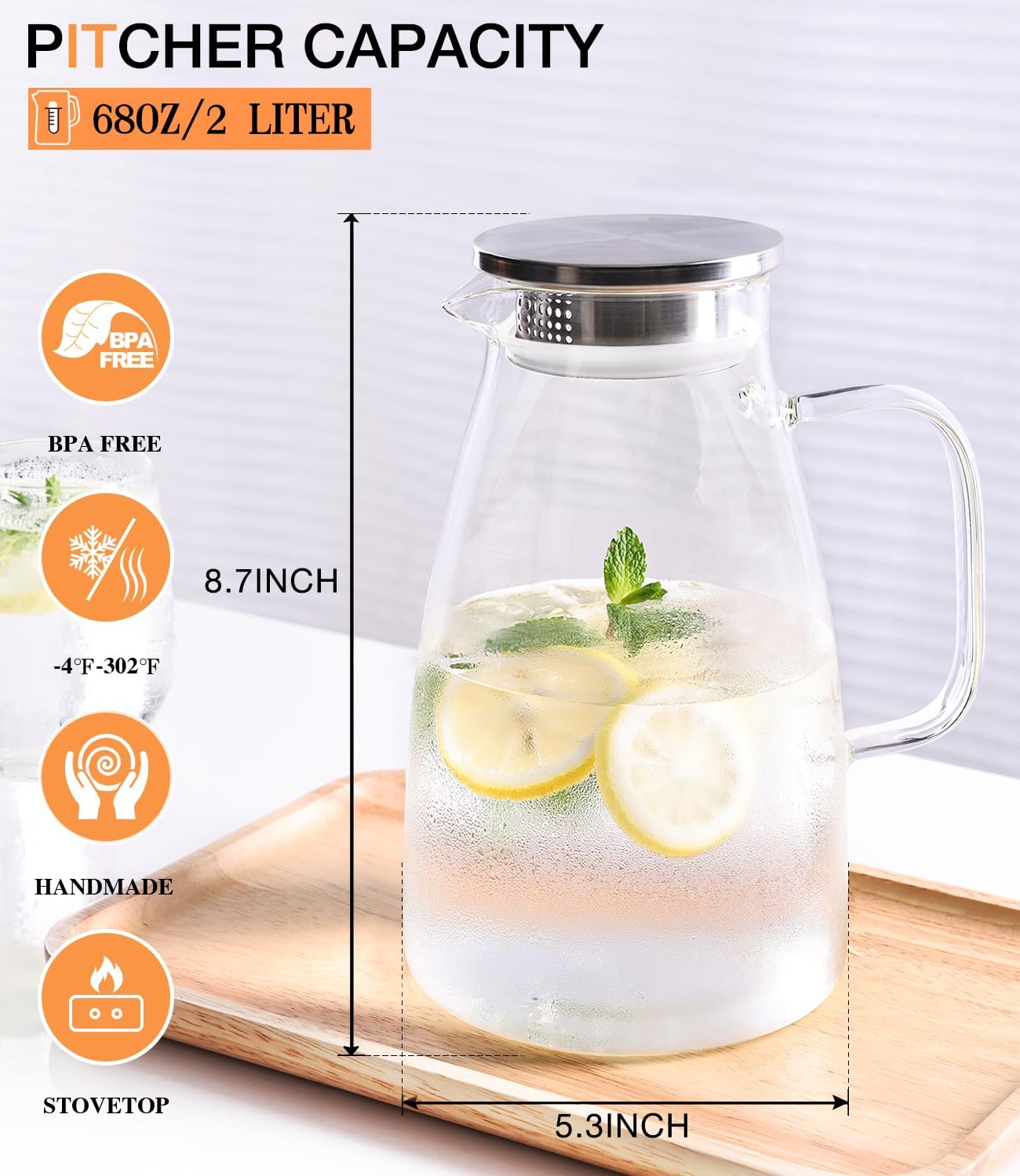 Glass Pitcher with Lid, 2 Liter 68oz Water Pitcher with Handle and Spout for Fridge, Borosilicate Glass for Iced Tea, Juice, Sangria, Cold/Hot Beverage, Large Jug with 2 Silicone Rings
