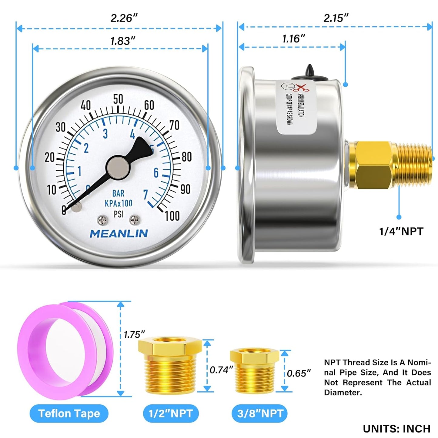 MEANLIN MEASURE 0~100Psi Dry Pressure Gauge Stainless Steel 1/4" NPT 2" FACE DIAL Waterproof for Well Pump Water Tire Water Pressure Tester Back Mount, with 1/2" NPT and 3/8" NPT Hex Bushing