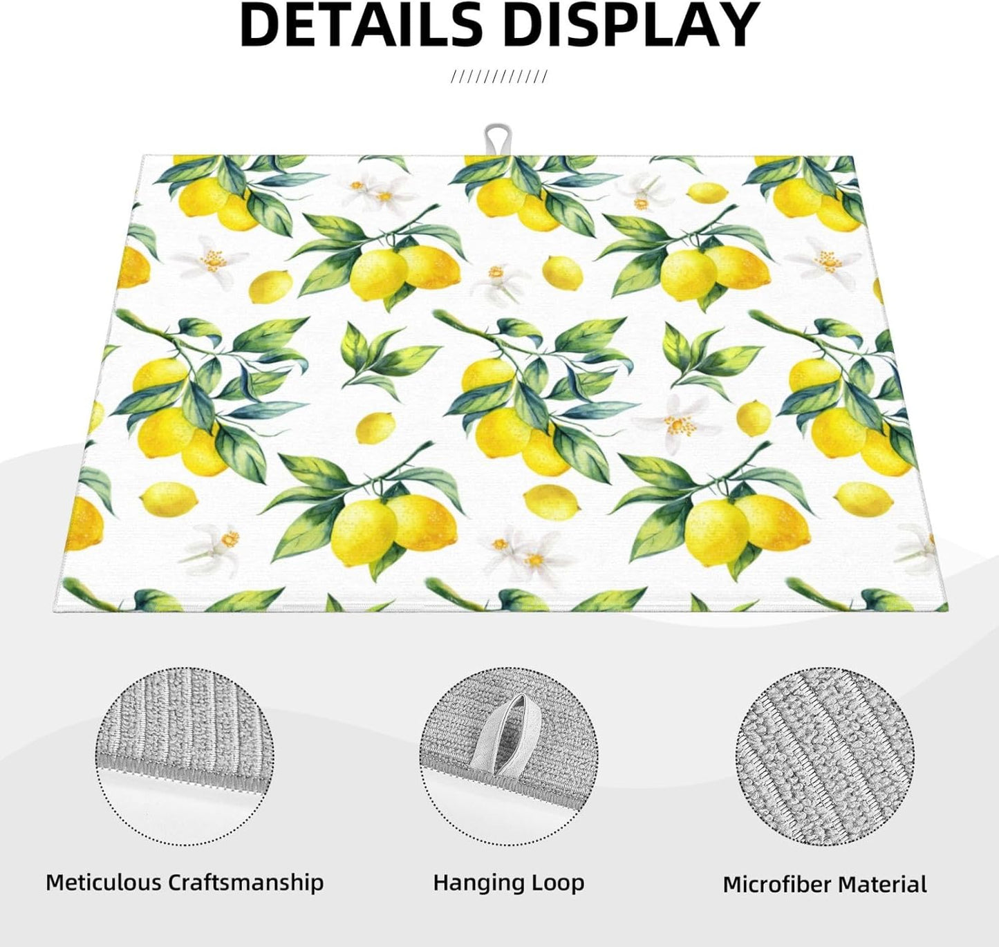 Tropical Lemon Leaves Dish Drying Mat, Highly Absorbent Microfiber Kitchen Counter Pad Reusable Washable, 18*24"