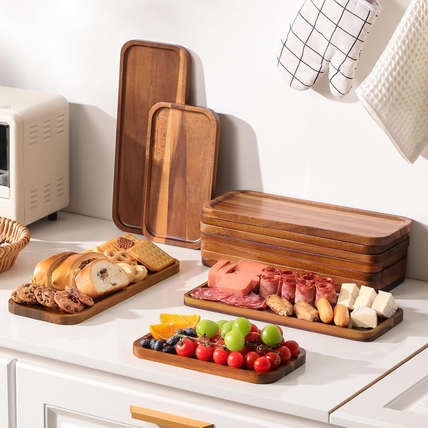 Solid Acacia Wood Serving Trays and Platters - Wooden Mini Charcuterie Boards, Rectangle Small Cheese Board for Food, Bathroom, Home Decor, Kitchen Counter, (14"x5.5", 3 Pack)