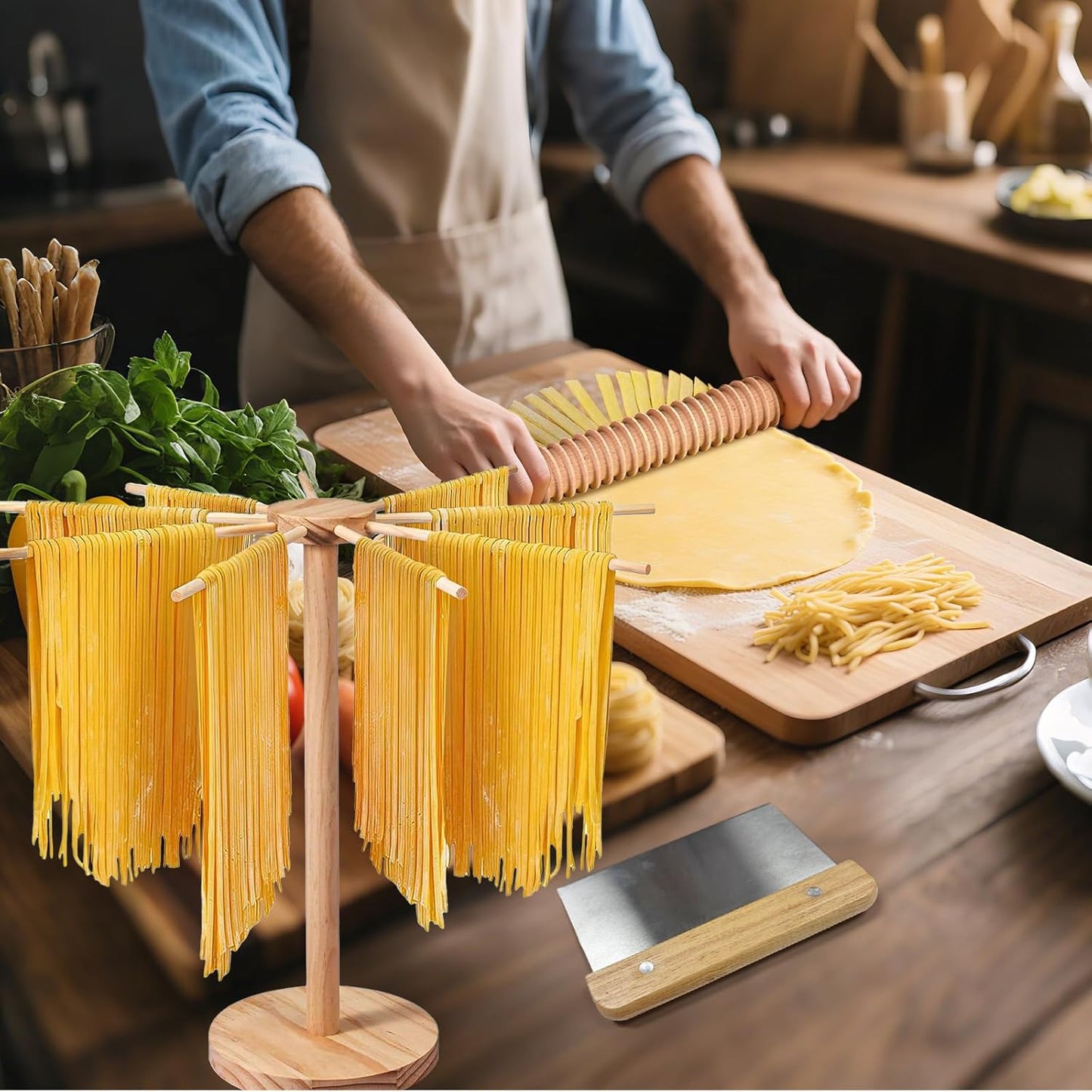 Pasta Making Tools 9 Pcs with Pasta Drying Rack, Threaded Rolling Pin, 2 Rolling Pins, Gnocchi Board, Dough Cutter, Wheel Cutter, 2 Ravioli Stamps,Pasta Making Kit Accessories for Home