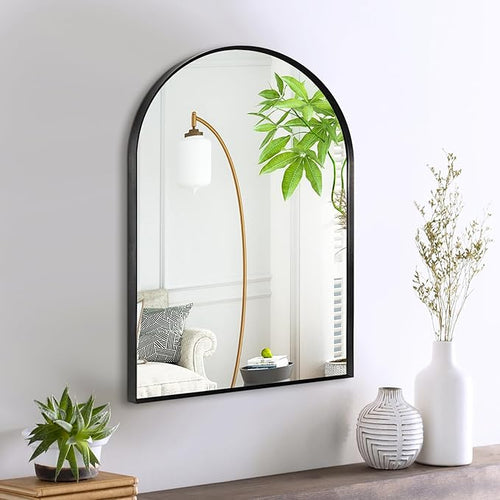 16" x 20" Black Arched Mirror, Arch Bathroom Wall Mirror, Metal Frame Arched by Minuover