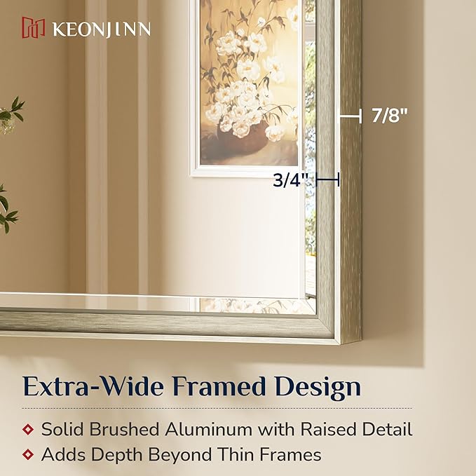 Keonjinn Brushed Nickel Bathroom Mirrors 24" x 32", HD Tempered Glass - Image 3