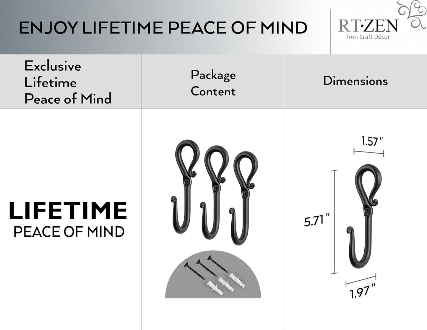 RTZEN Wall Mount Hook Set - Wrought Iron Decorative Rustic Metal Coat Hooks for Hanging - Handcrafted Classic Farmhouse Wall Mounted Black Hooks for Towel Robe or Hat Hanging - 3 Pack