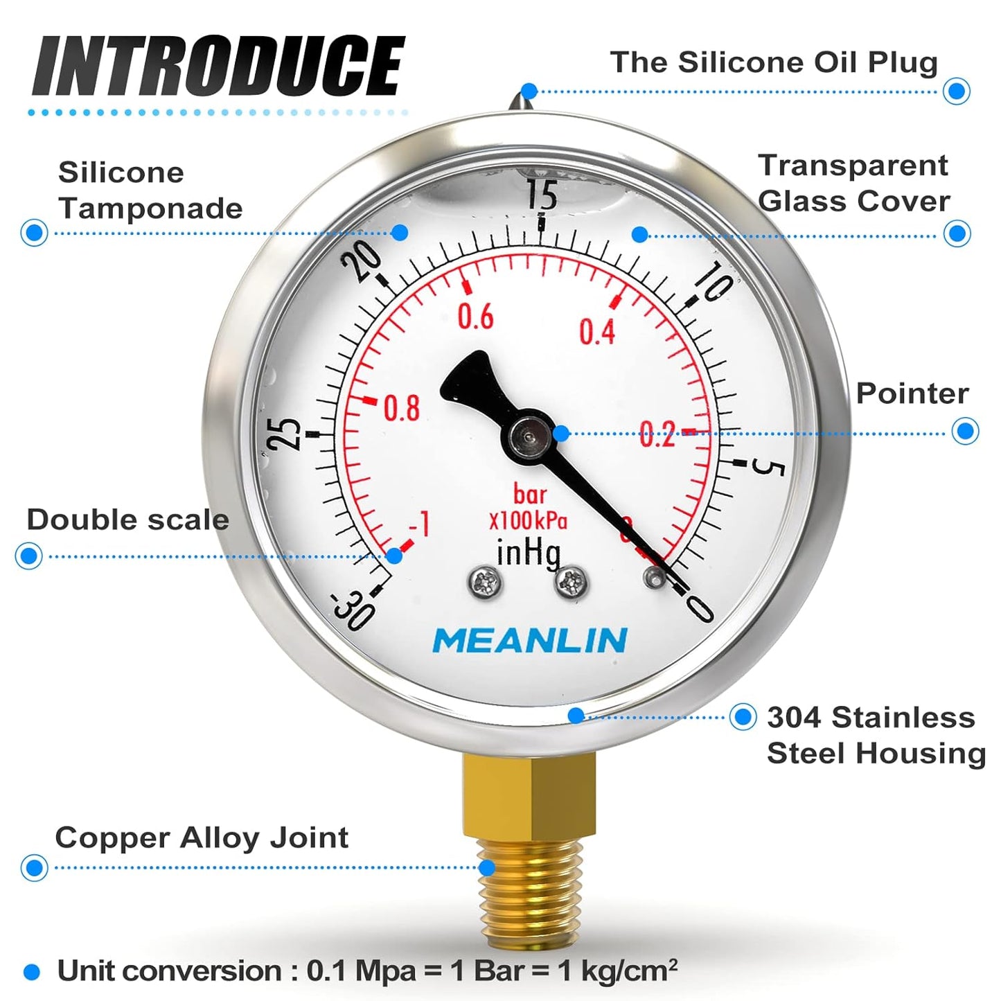 MEANLIN MEASURE -30inHG~0Psi Stainless Steel 1/8" NPT 2.5" FACE DIAL Vacuum Pressure Gauge, Lower Mount, with 1/4" NPT and 3/8" NPT Hex Bushing