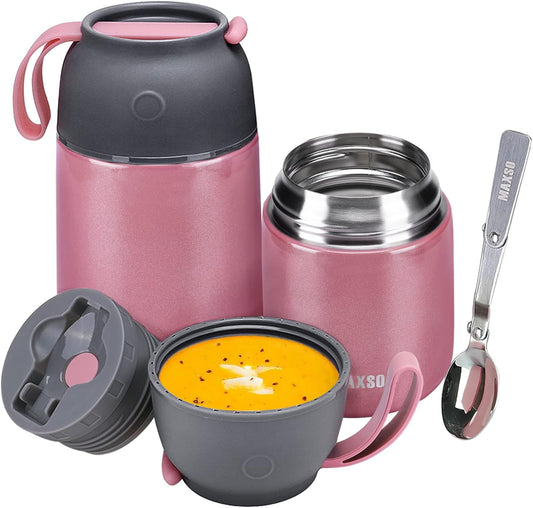 Insulated Thermo Food Jar for Hot & Cold Food for Kids Adult, 17&24 oz Soup Thermal Hot Food Containers for Lunch, Triple Layer Insulation Stainless Steel Food Jar with Spoon (2 Pack Pink)