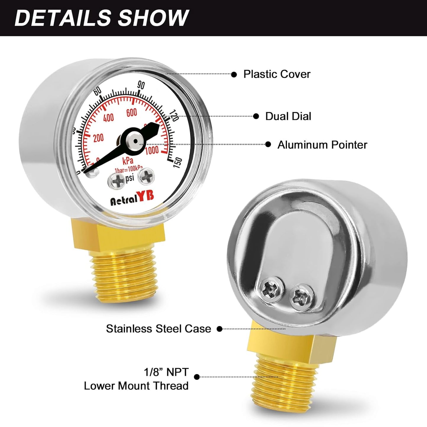 1-Inch Mini Pressure Gauge, 0-150 PSI / 0-1000 kPa, High-Pressure Dual-Scale Air Pressure Gauge, Stainless Steel Case, 1/8” NPT Bottom Mount for Hydraulics and Compressed Air Systems