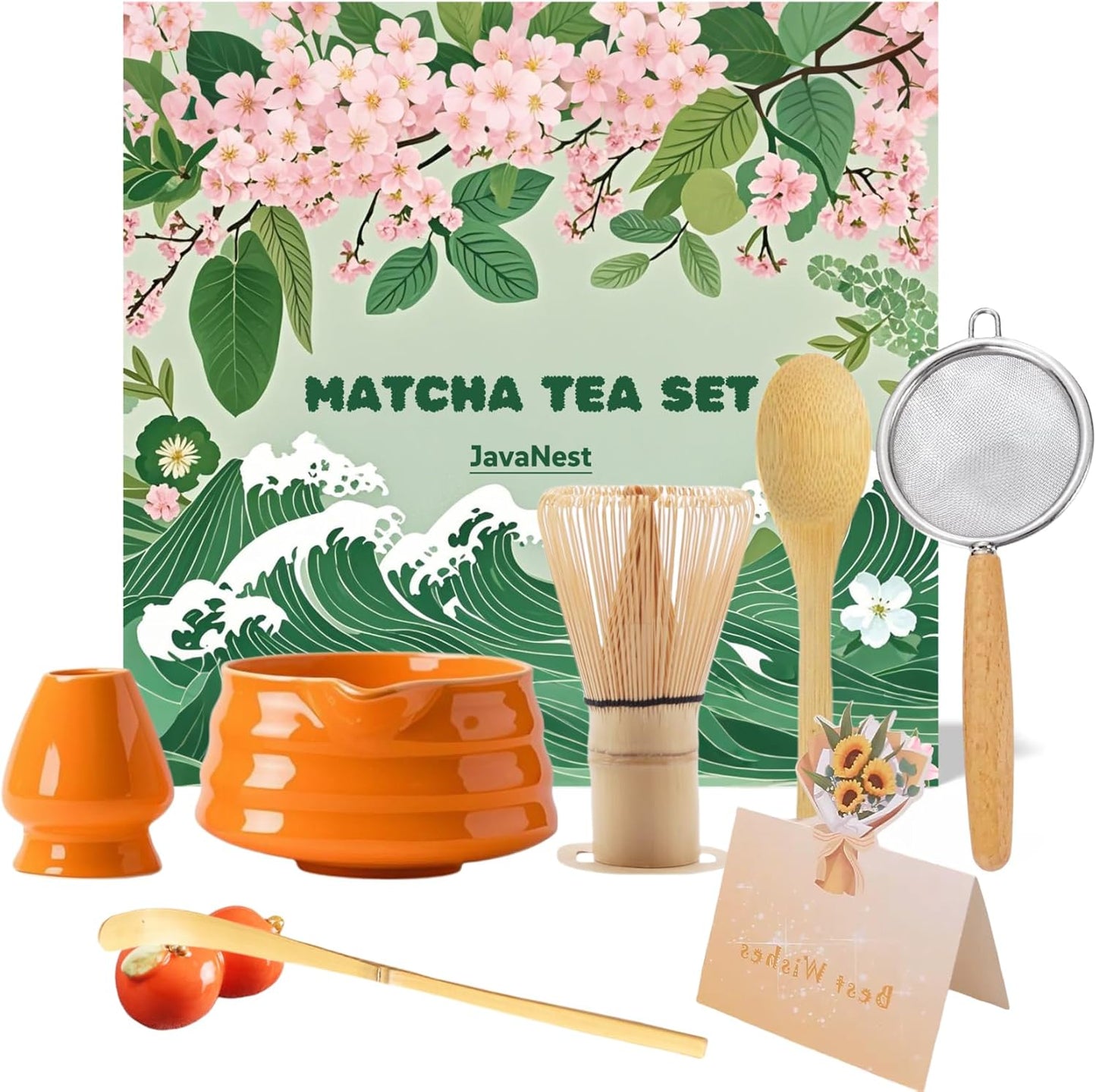 7-Piece Matcha Tea Set with Gift Card – 120-Prong Bamboo Whisk, Ceramic Bowl with Spout, Whisk Holder, Scoop, Spoon, Strainer & Scoop Holder – Ideal Gift for Matcha Lovers (Orange)