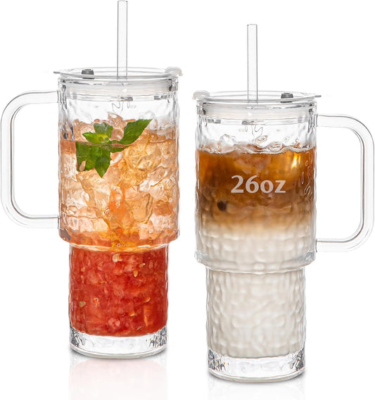 26oz Water Ripple Glass Tumbler with Handle & Lid, Reusable Iced Coffee Cups with Straws – Set of 2, Glass Cups for Smoothies, Juice, Coffee, Tea – Travel Mugs for Daily Use and To-Go