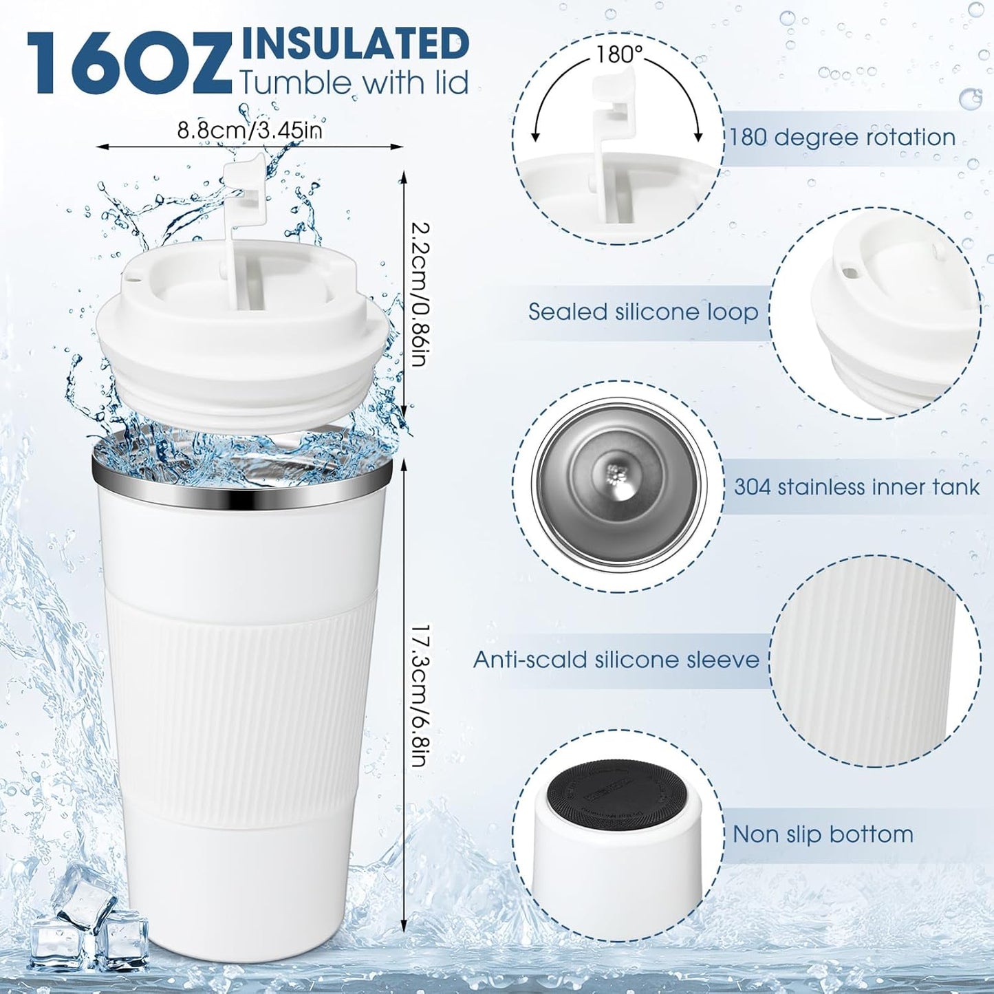 Sabary 4 Pack 16 oz Bulk Travel Coffee Mug with Lid Reusable Vacuum Insulated Coffee Tumbler Double Wall Thermal Stainless Steel Camping Tea Cup for Christmas Winter Drinks Employee Gift(White)