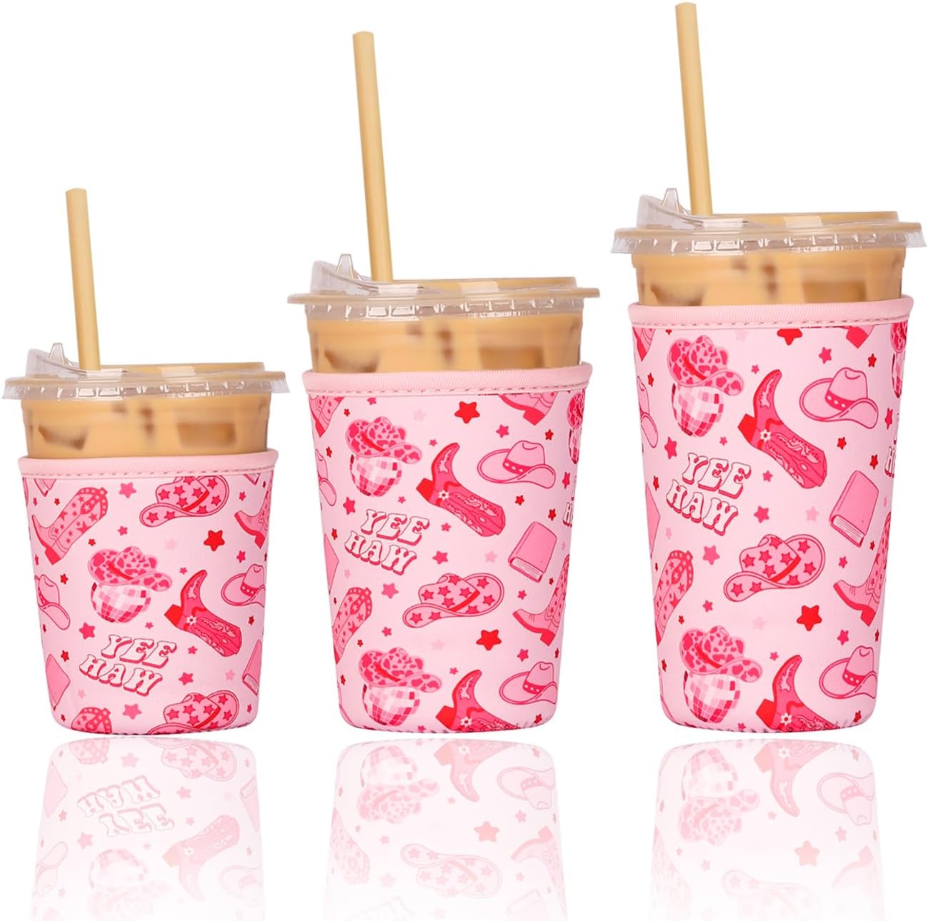 Reusable Insulated Neoprene Iced Coffee Cup Sleeve, Durable Drink Sleeve for Cold Beverages, Beverage Holder for Iced Coffee, Pink Cowgirl